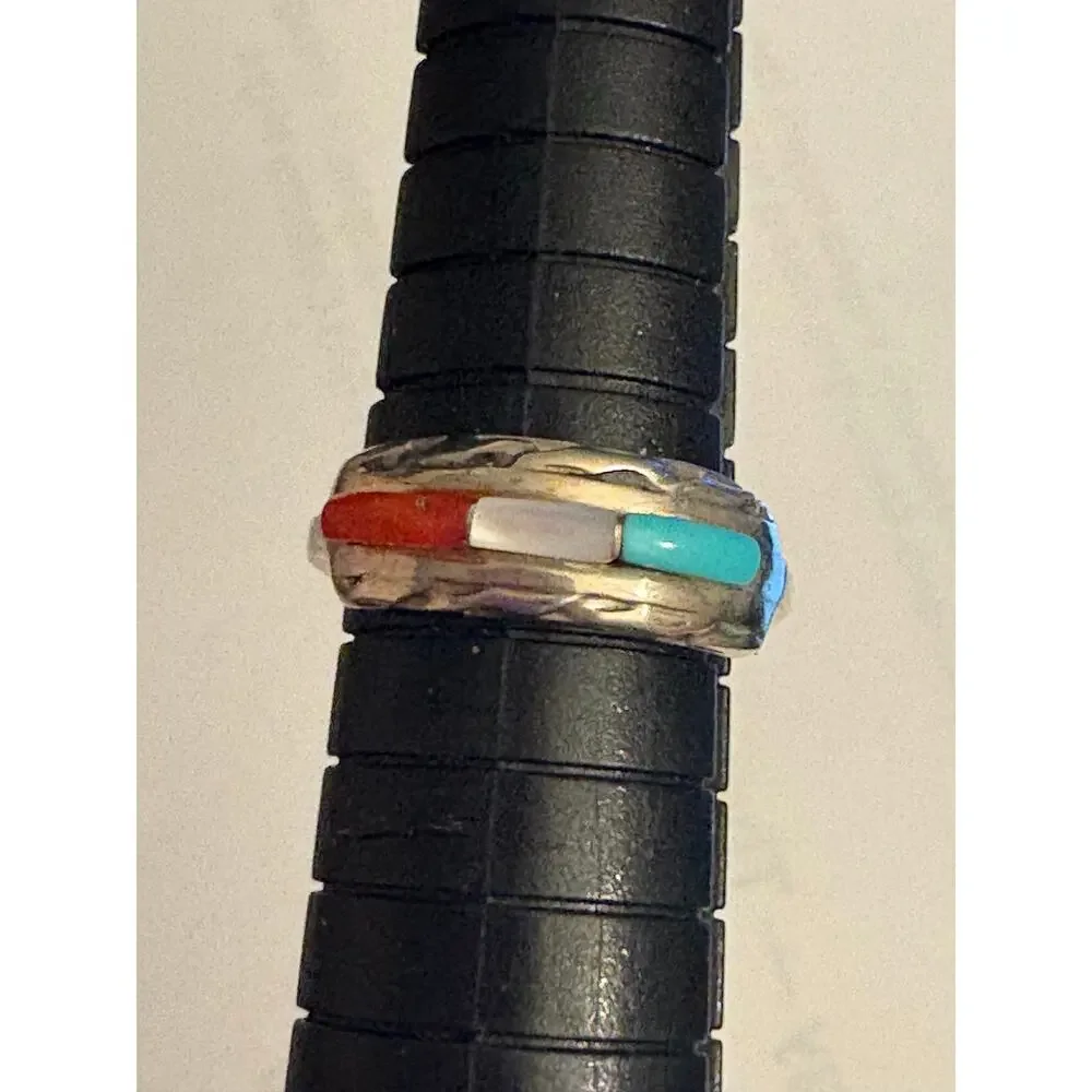 Vintage Zuni Signed Gus & Lorie Panteah Sterling Silver Inlay Ring Size 5.25